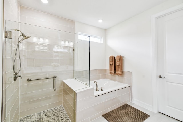 82 Lone Cypress Way, Saint Augustine, FL 32092 - bathroom featuring a stall shower, a bath, recessed lighting, and tile patterned floors