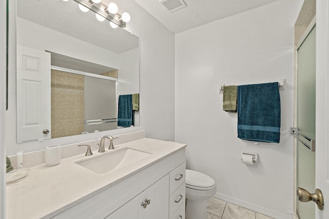 bathroom with visible vents, a stall shower, a textured ceiling, toilet, and marble finish floor