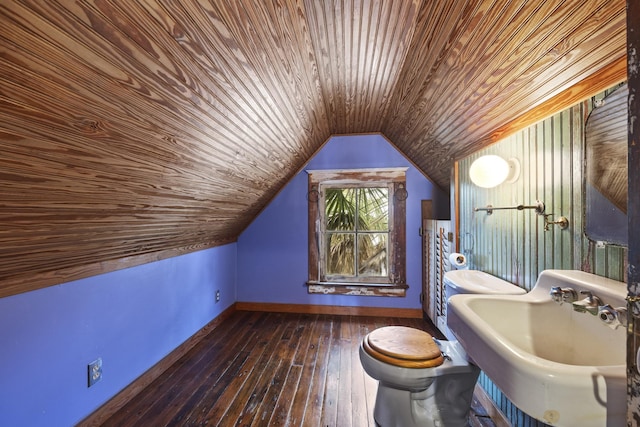 bathroom with sink, wooden ceiling, vaulted ceiling, toilet, and hardwood / wood-style flooring