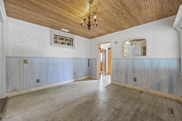 spare room with wooden walls, wood ceiling, a notable chandelier, and light hardwood / wood-style floors