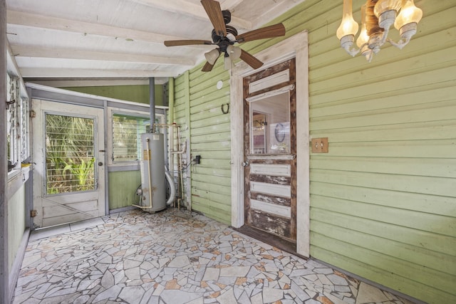 unfurnished sunroom with vaulted ceiling with beams, ceiling fan, and water heater