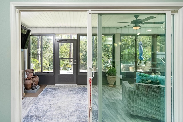 entryway with hardwood / wood-style flooring and ceiling fan