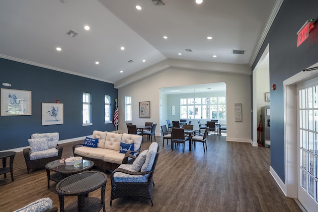 living room featuring visible vents, crown molding, dark wood-type flooring, and baseboards