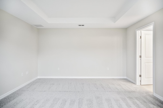 empty room with light colored carpet and a tray ceiling