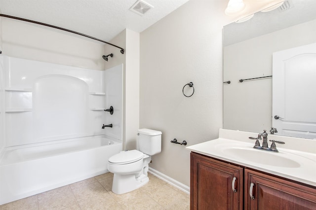 full bathroom featuring vanity, shower / tub combination, a textured ceiling, and toilet