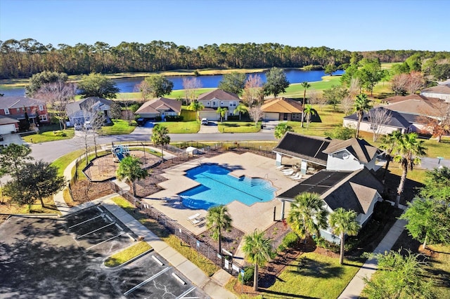 drone / aerial view with a water view