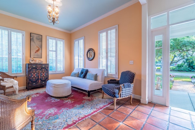 living area featuring ornamental molding, light tile patterned floors, and a chandelier