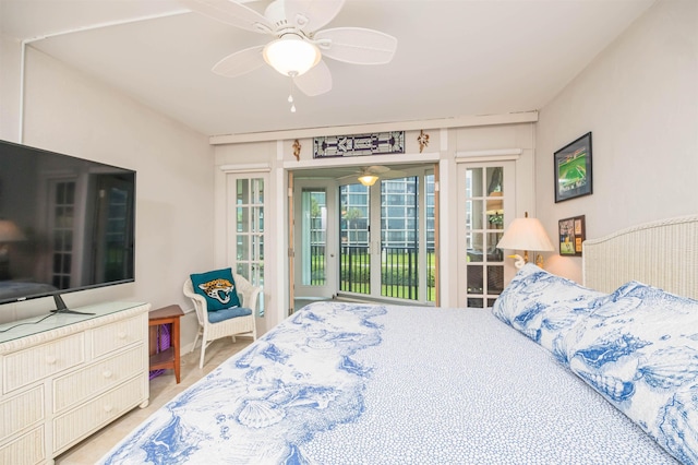 bedroom with ceiling fan and access to exterior