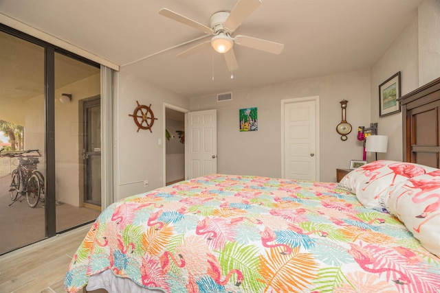 bedroom featuring a ceiling fan, visible vents, and light wood-type flooring