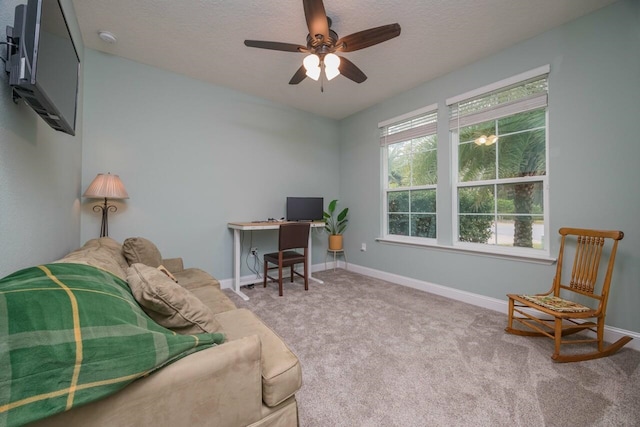 carpeted office space with ceiling fan and a textured ceiling