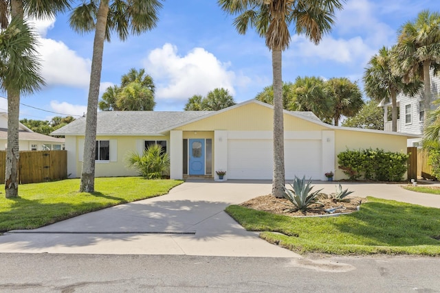 view of front of property featuring an attached garage, fence, concrete driveway, stucco siding, and a front yard