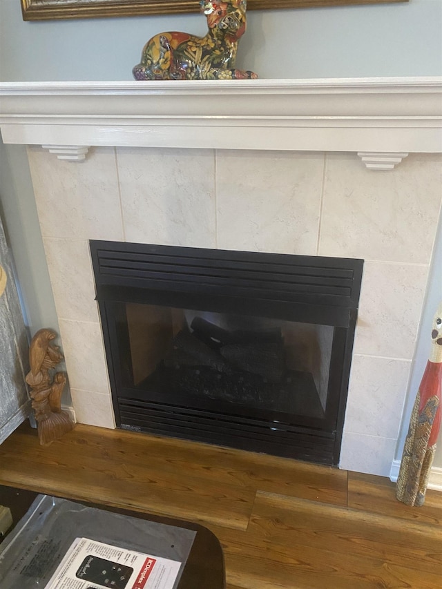 room details with a tiled fireplace