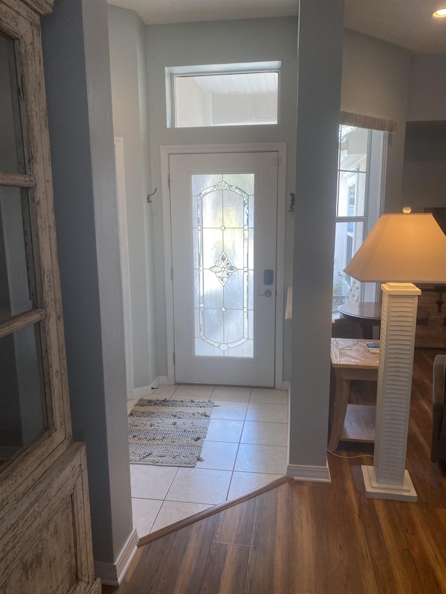 foyer featuring plenty of natural light, wood finished floors, and baseboards