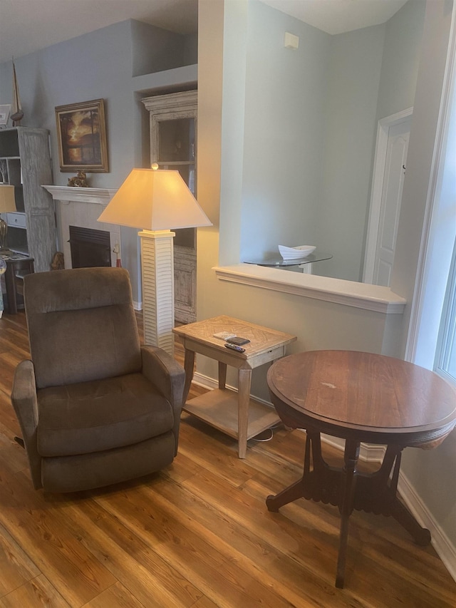 living area featuring wood finished floors, a fireplace, and baseboards