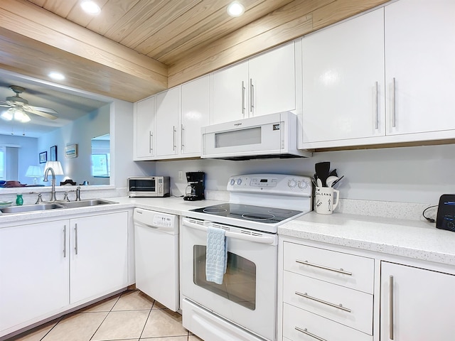 kitchen featuring ceiling fan, sink, light tile patterned floors, white appliances, and white cabinets