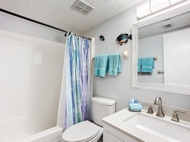 full bathroom featuring a textured ceiling, vanity, toilet, and shower / bathtub combination with curtain