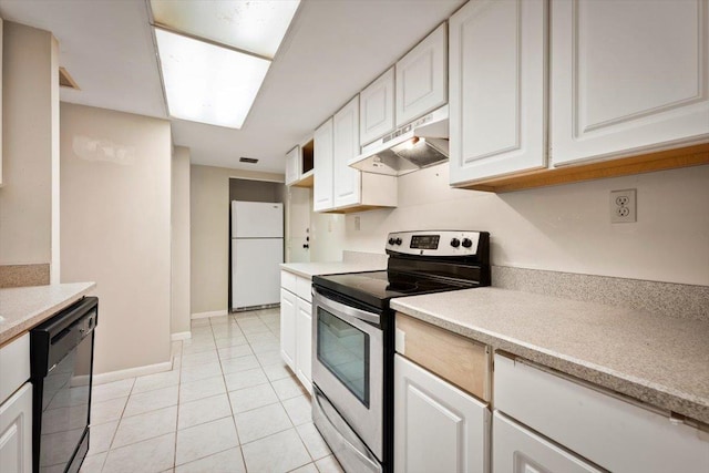 kitchen featuring black dishwasher, white cabinets, white refrigerator, stainless steel range with electric stovetop, and light tile patterned floors