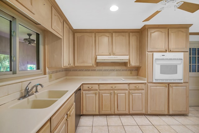 6433 Jack Wright Island Rd, Saint Augustine, FL 32092 - kitchen with white oven, under cabinet range hood, light brown cabinetry, and recessed lighting
