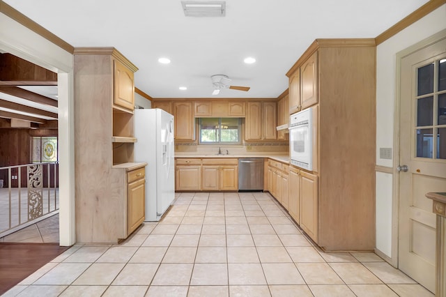 6433 Jack Wright Island Rd, Saint Augustine, FL 32092 - kitchen featuring white appliances, ceiling fan, light countertops, recessed lighting, and light tile patterned floors