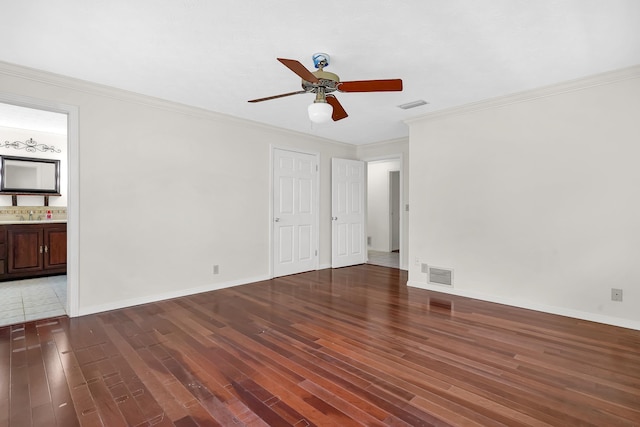 6433 Jack Wright Island Rd, Saint Augustine, FL 32092 - unfurnished bedroom with wood finished floors, crown molding, ensuite bath, and ceiling fan