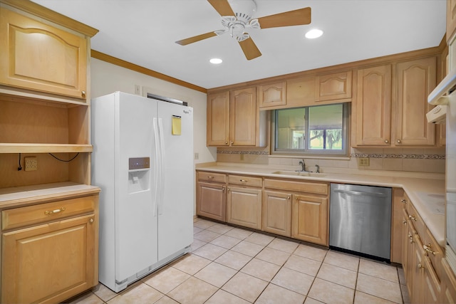 6433 Jack Wright Island Rd, Saint Augustine, FL 32092 - kitchen featuring dishwasher, white refrigerator with ice dispenser, a ceiling fan, tasteful backsplash, and light countertops