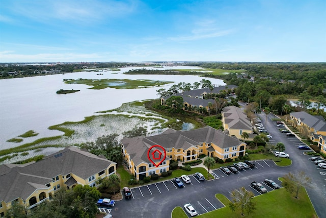 aerial view featuring a water view