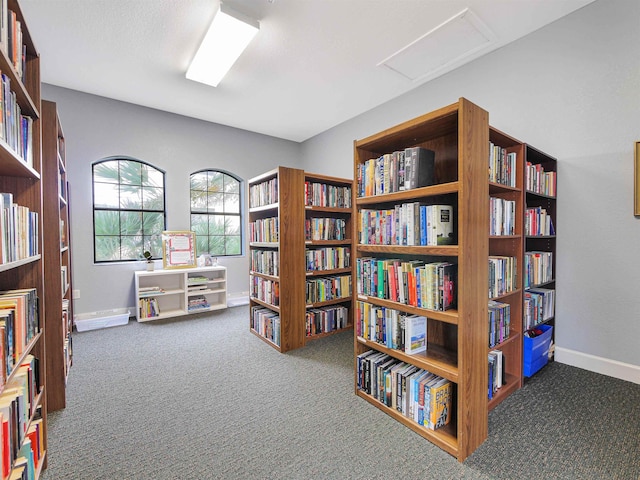 interior space featuring dark carpet