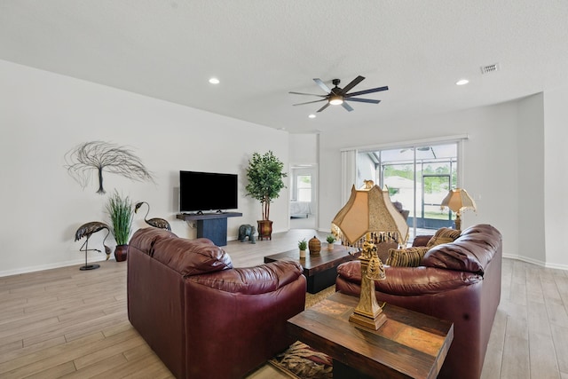 living area featuring ceiling fan, light wood-type flooring, recessed lighting, and baseboards