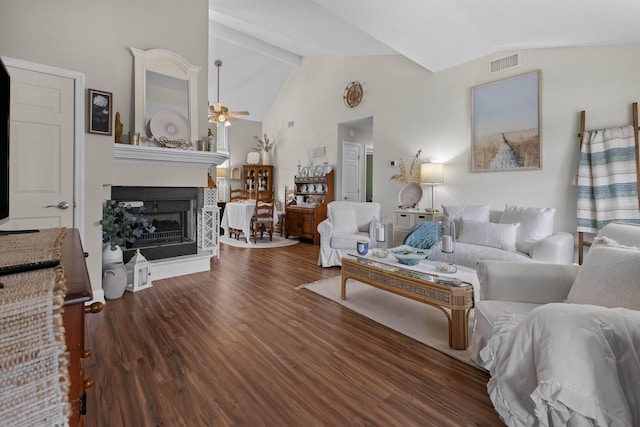 6600 Nassau St, Saint Augustine, FL 32080 - living area featuring a ceiling fan, a fireplace with raised hearth, wood finished floors, and high vaulted ceiling