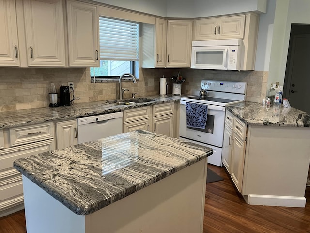 1076 Mainsail Ln, Saint Johns, FL 32259 - kitchen with white appliances, a sink, dark wood-type flooring, and stone countertops