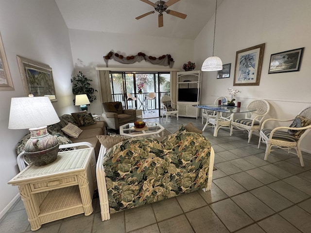 59 Village Del Lago Cir Unit 59, Saint Augustine, FL 32080 - tiled living area featuring ceiling fan and high vaulted ceiling