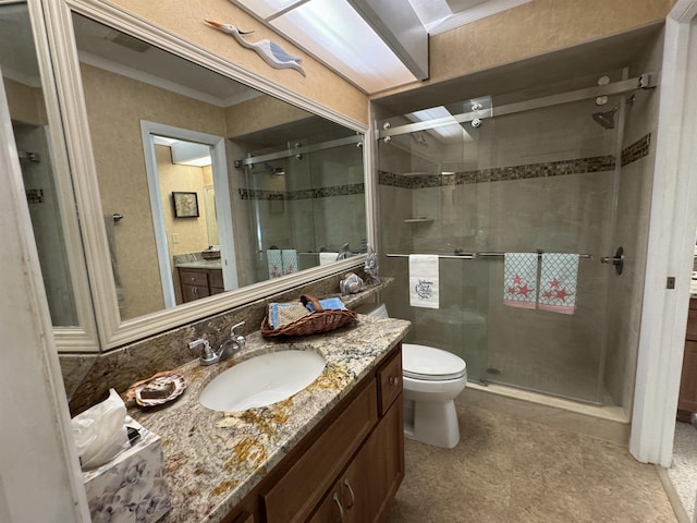 59 Village Del Lago Cir Unit 59, Saint Augustine, FL 32080 - full bath featuring vanity, a shower stall, tile patterned floors, and ornamental molding