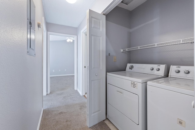 21211 Harbour Vista Cir, Saint Augustine, FL 32080 - washroom featuring washing machine and dryer, light carpet, and ceiling fan