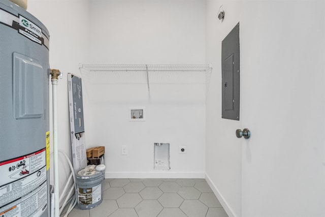 laundry area with hookup for an electric dryer, washer hookup, water heater, light tile patterned floors, and electric panel