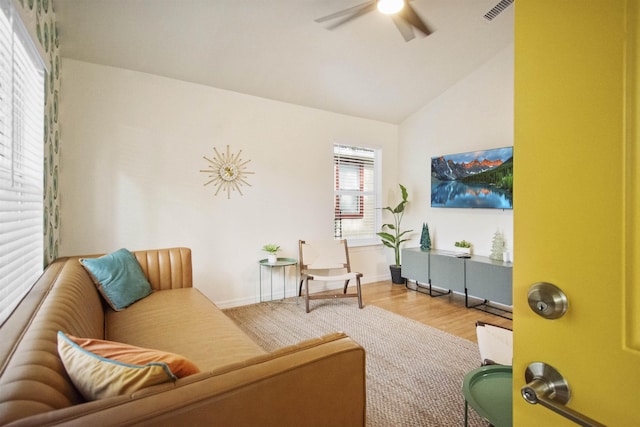 5 Nesbit Ave, Saint Augustine, FL 32084 - living room featuring ceiling fan, wood finished floors, and vaulted ceiling