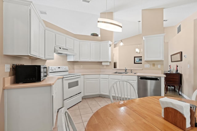 kitchen with premium range hood, white cabinets, hanging light fixtures, stainless steel dishwasher, and electric range