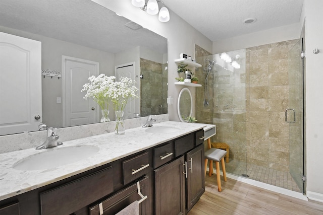 362 S Hamilton Springs Rd, Saint Augustine, FL 32084 - full bathroom featuring a shower stall, double vanity, wood finished floors, and a textured ceiling