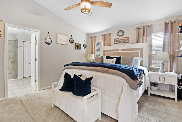 362 S Hamilton Springs Rd, Saint Augustine, FL 32084 - bedroom featuring light colored carpet, ensuite bathroom, ceiling fan, lofted ceiling, and baseboards