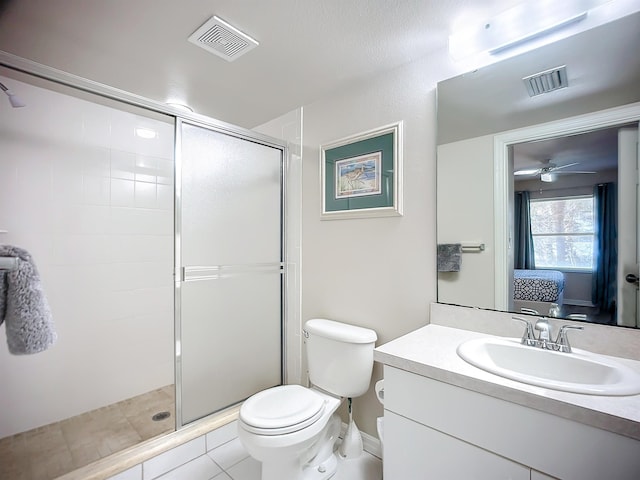 bathroom featuring tile patterned flooring, ceiling fan, toilet, and a shower with door