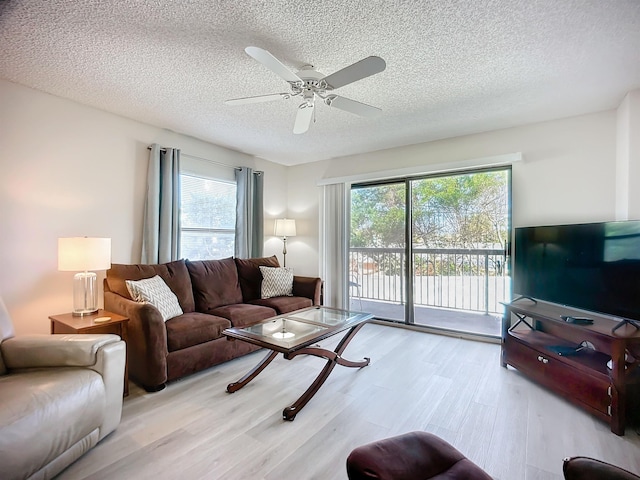 living room with a wealth of natural light, a textured ceiling, light hardwood / wood-style flooring, and ceiling fan