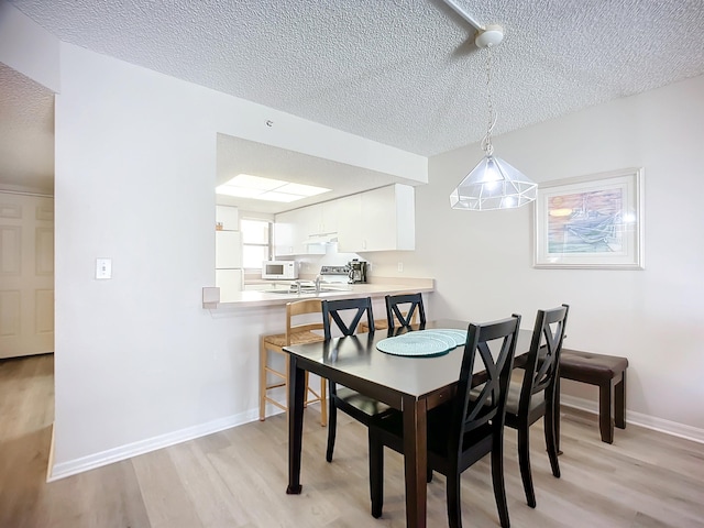 dining room with light hardwood / wood-style flooring and a textured ceiling