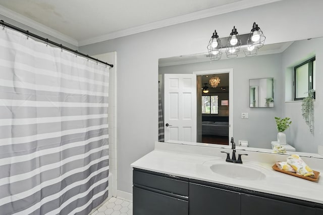 131 Boulder Rock Dr, Palm Coast, FL 32137 - bathroom with vanity, crown molding, and a shower with shower curtain