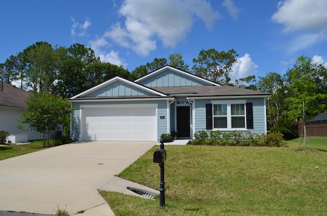 35 Putter Dr, Palm Coast, FL 32164 - ranch-style house featuring an attached garage, driveway, board and batten siding, and a front lawn