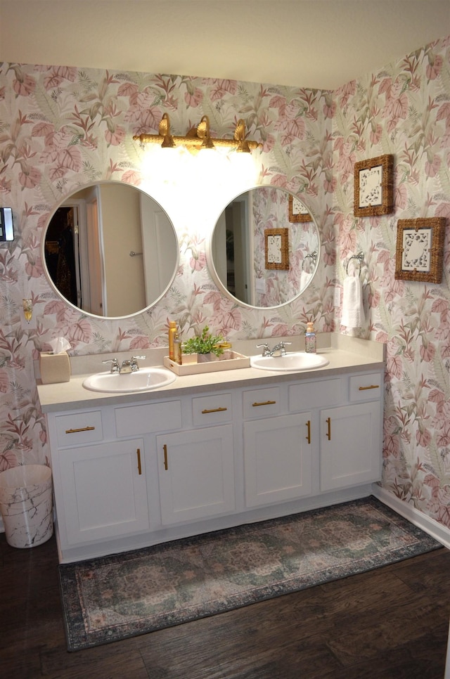 35 Putter Dr, Palm Coast, FL 32164 - full bathroom with wallpapered walls, double vanity, and wood finished floors