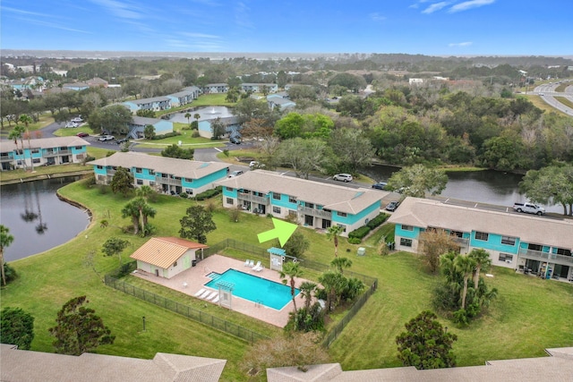 bird's eye view with a water view