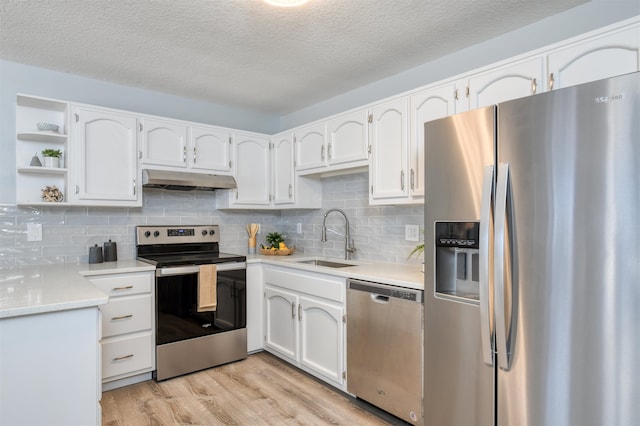 kitchen featuring sink, stainless steel appliances, backsplash, white cabinets, and light wood-type flooring