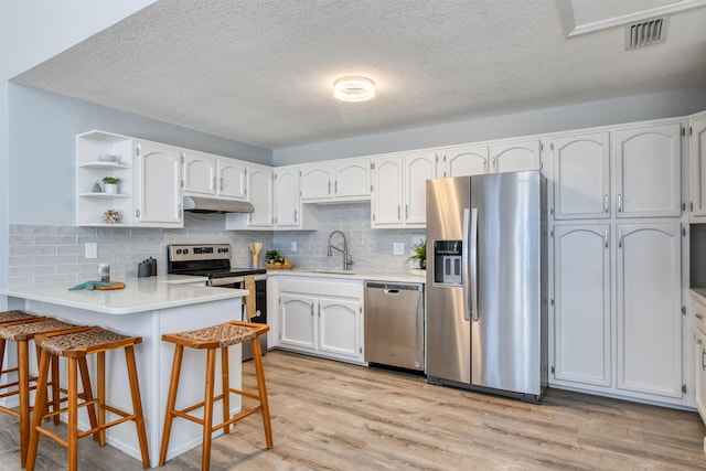 kitchen with sink, stainless steel appliances, tasteful backsplash, light hardwood / wood-style floors, and white cabinets