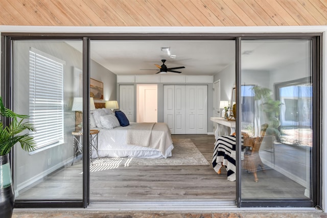 bedroom featuring multiple windows, wood ceiling, and hardwood / wood-style flooring