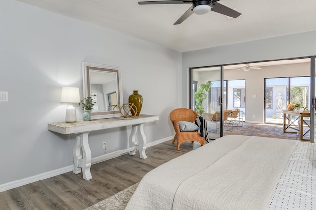 bedroom with wood-type flooring and ceiling fan