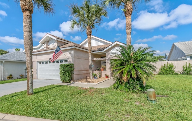 view of front of house with a front yard and a garage